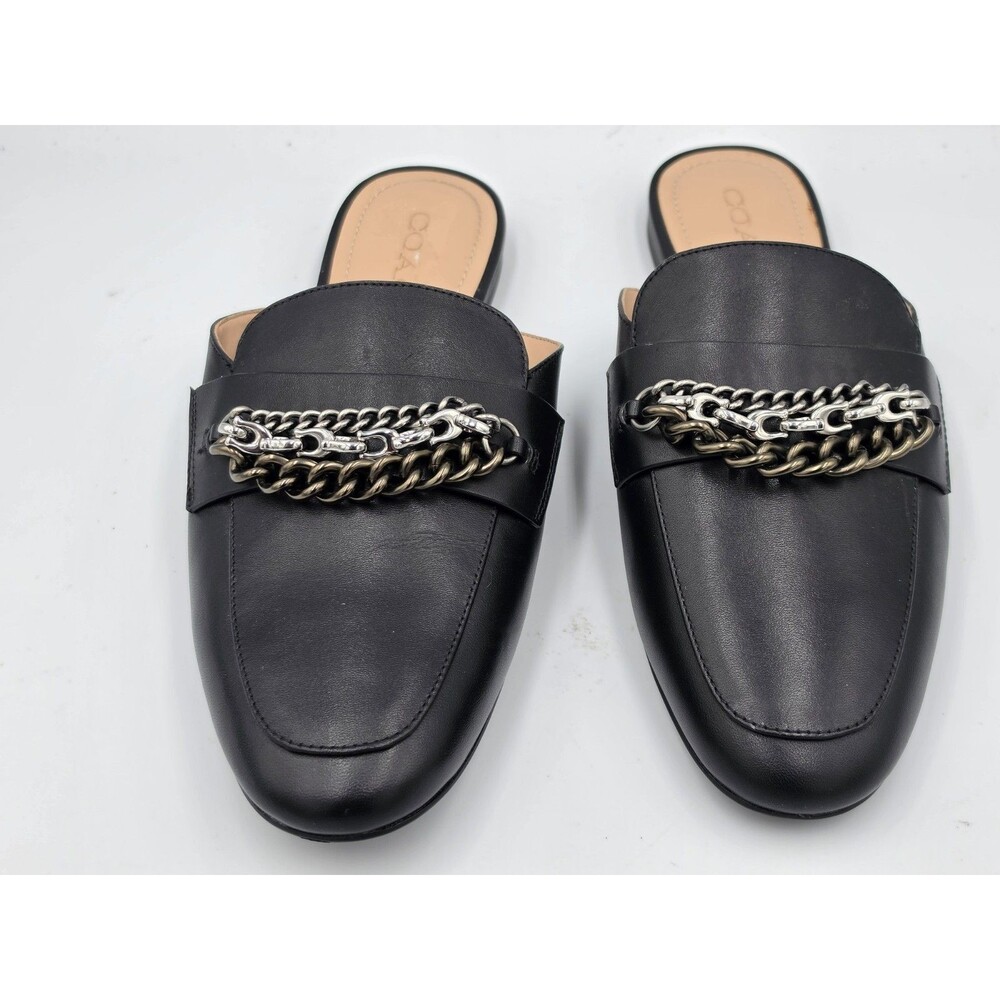 Coach Faye Loafer Chain Black Leather Mules Shoes Size 8.5 - Picture 2 of 6